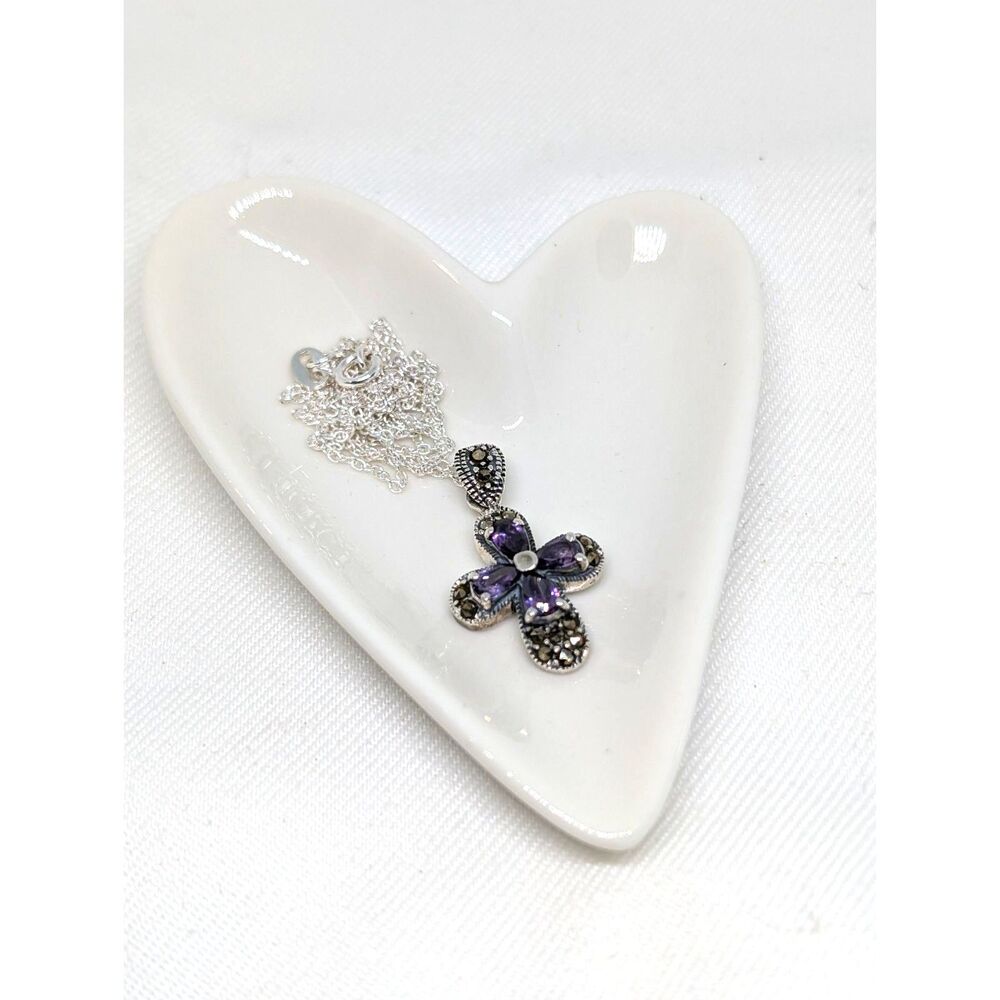 Vintage Sterling Silver Marcasite & Amethyst Cross Pendant Necklace